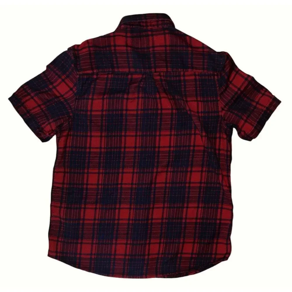 True Religion Red & Black Plaid Short Sleeve Button Down Flannel Shirt Men's XL